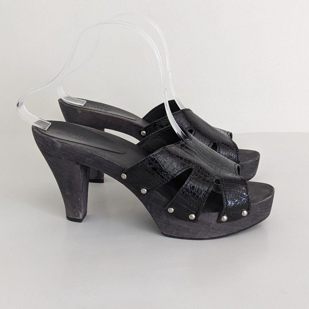Sanita Platform High Heels Sandals Black Leather Women's 10.5-11